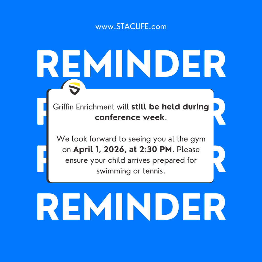 Reminder for April 1, 2026 for Griffin students that attend swimming or tennis enrichment!
