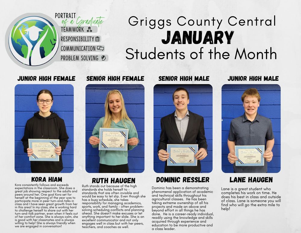 HS Students of the Month: Kora Hiam, Ruth Haugen, Dominic Ressler, & Lane Haugen