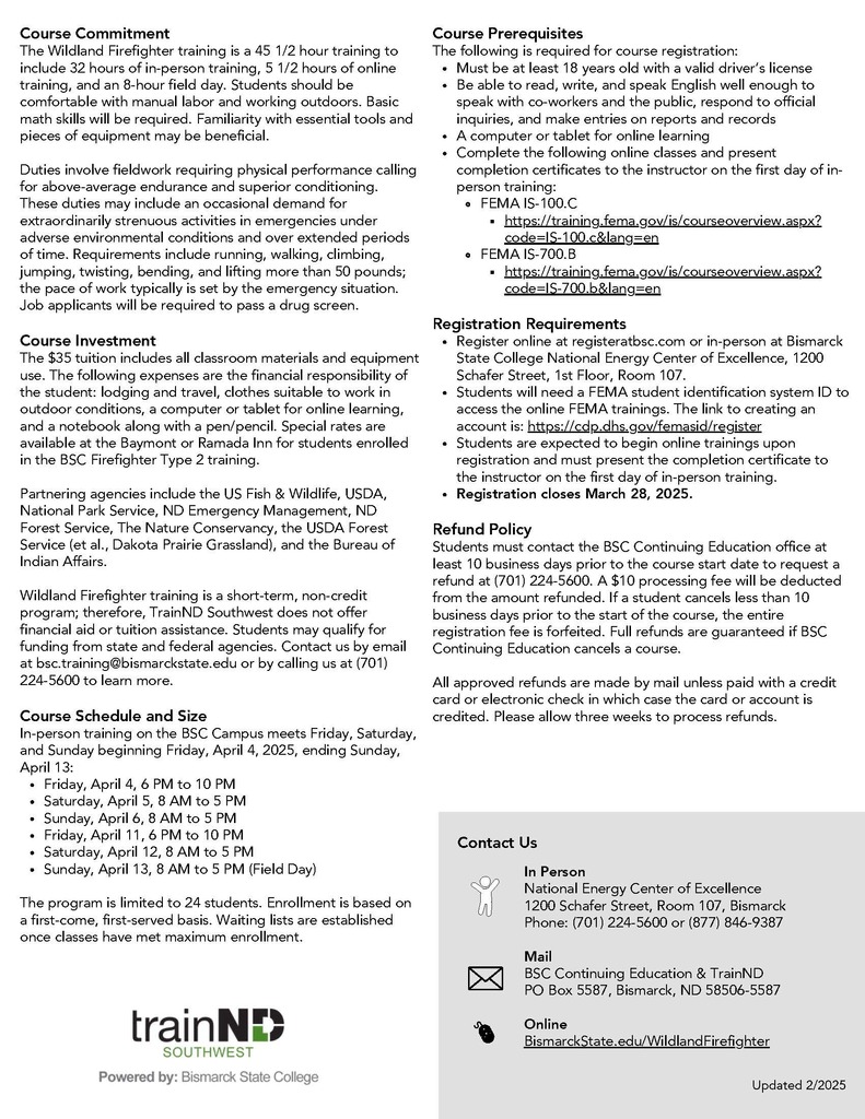 Spring 2025 Wildland Firefighter Training Info Sheet 2
