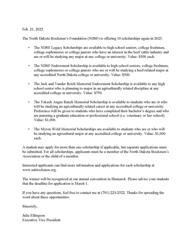 The North Dakota Stockmen’s Foundation (NDSF) Scholarship