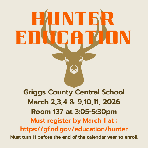 Hunter Education 3/2, 3, 4, 9, 10, 11  Room 137 3:05-5:30pm