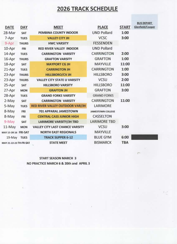Tentative Track & Field Schedule