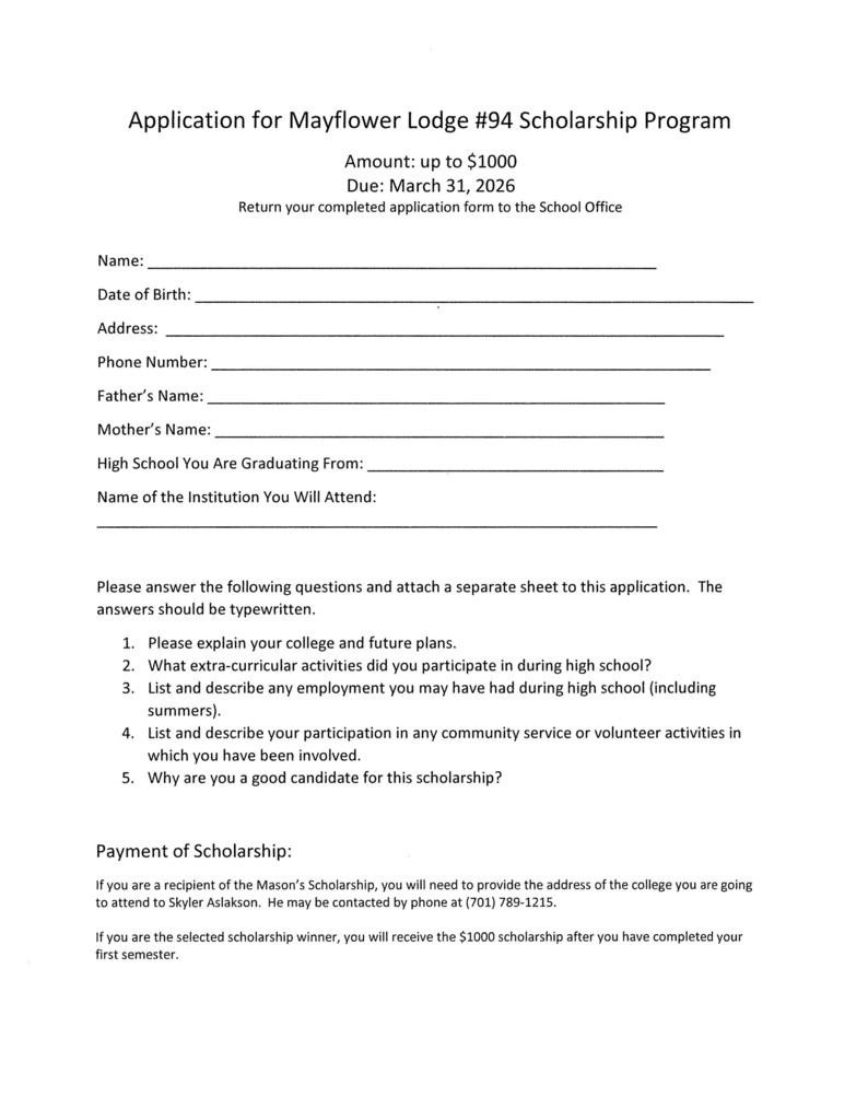 Application for Mayflower Lodge #94 Scholarship Program