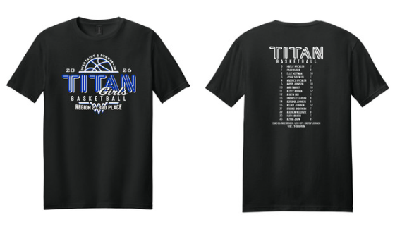 Picture of Tshirt Front & Back Design. Front includes District and Region placements and back is list of players.