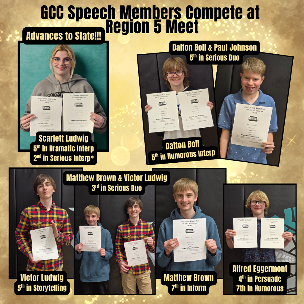 GCC Speech Members Compete at Region 5 Meet with pictures of students and their awards. Details in message.