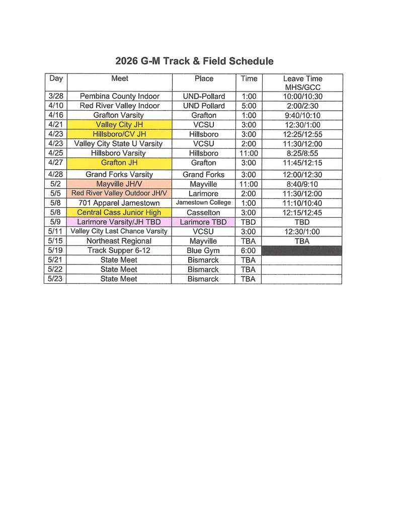 Image of Updated 26 Track & Field Schedule. PDF link in Message.