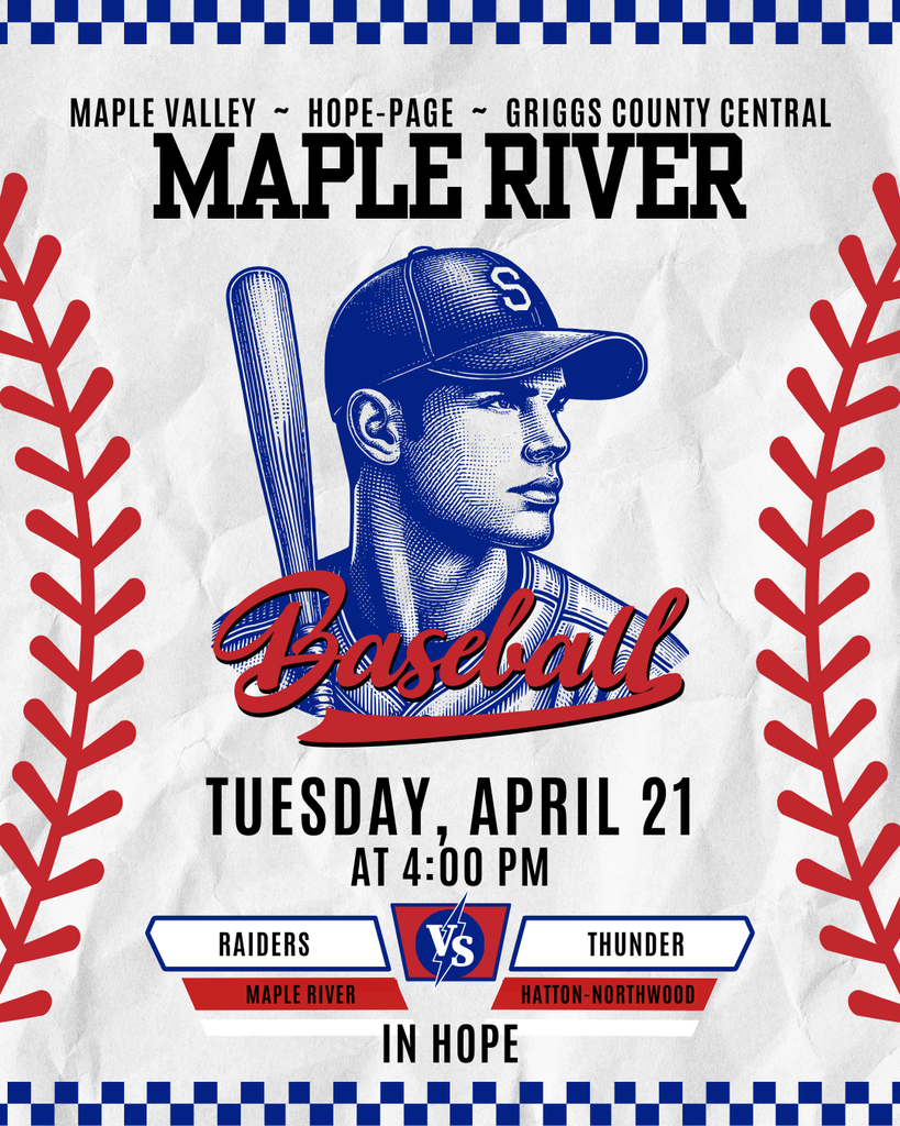 Blue/Red Vintage Baseball V/JV Maple River 4/21 at 4pm vs Hatton-Northwood in Hope