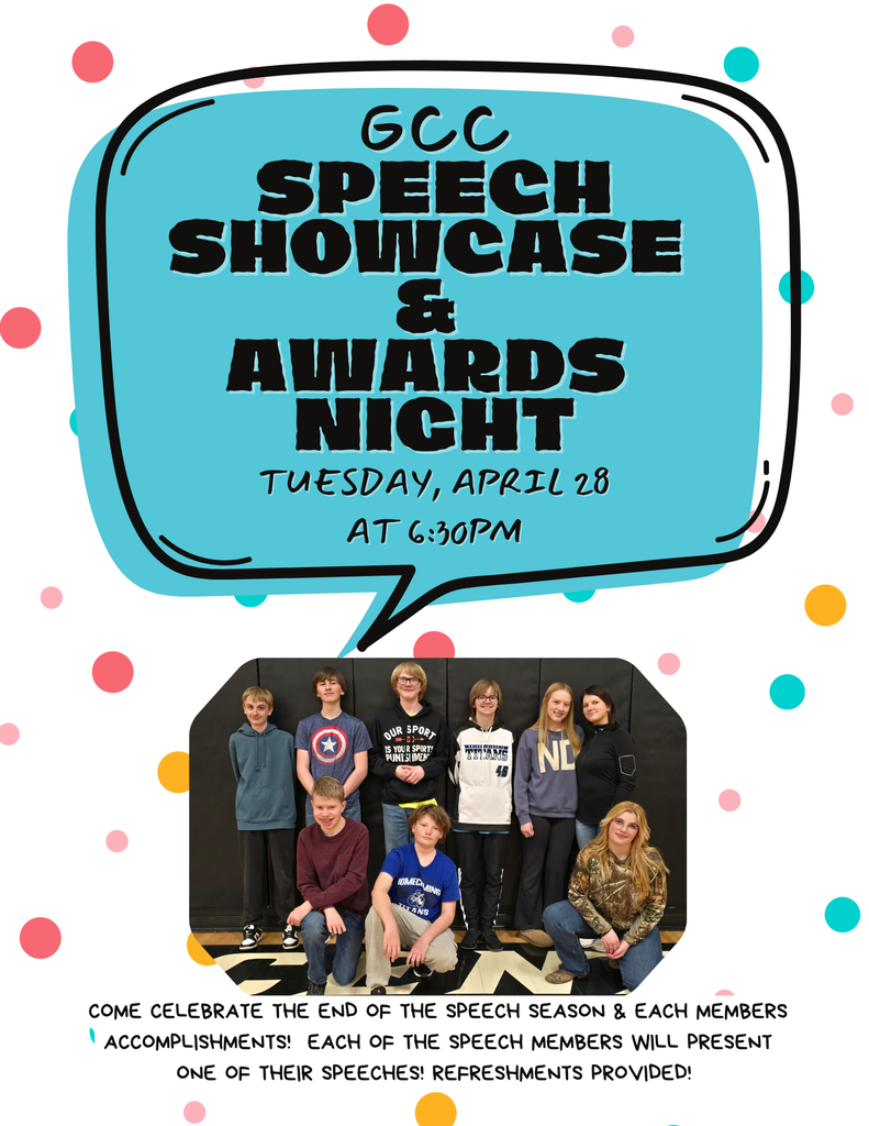 Bright Polka Dots Speech Bubble for GCC Speech Showcase & Awards Night 4/28 at 6:30pm.  More details in Message.