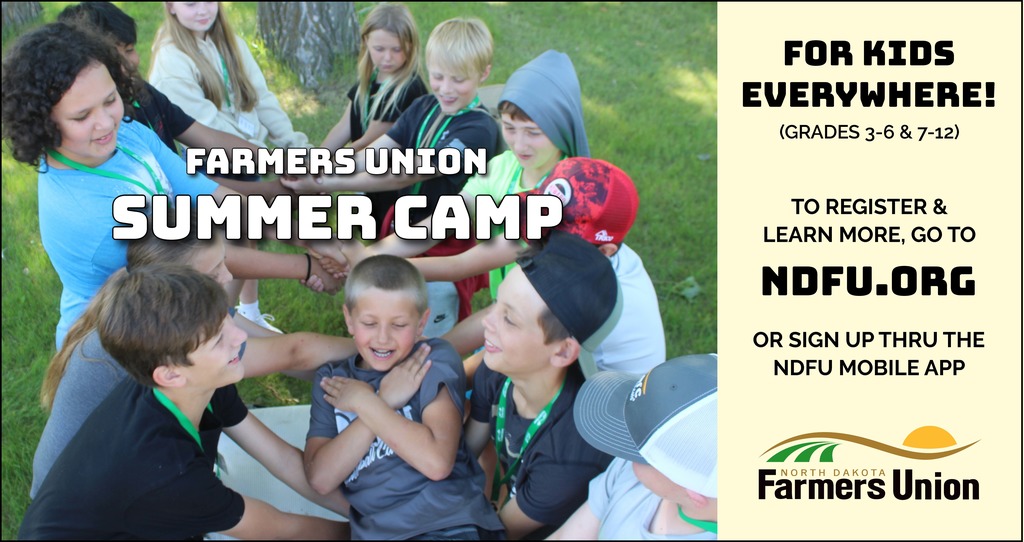 Farmers Union Summer Camp Flyer for Grades 3-6 & 7-12. Go to NDFU.org for more details.