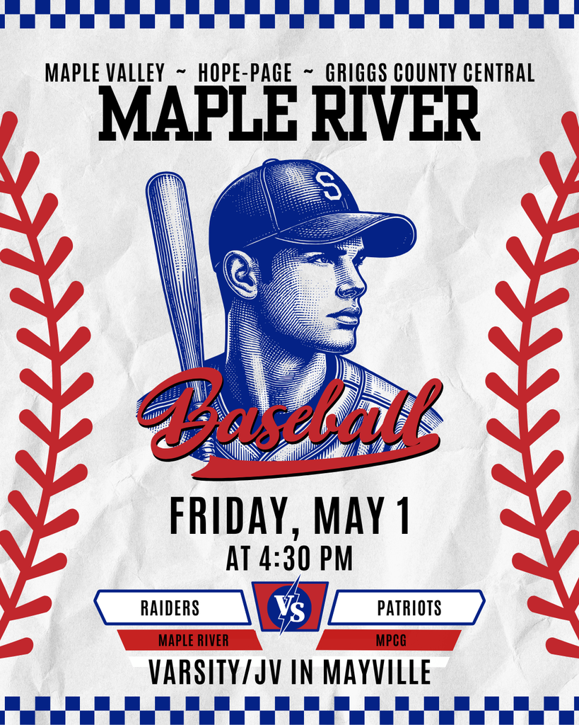 Vintage Red & Blue Baseball. V/JV Maple River Raiders vs MPCG Patriots today 5/1 at 4:30 in Mayville.