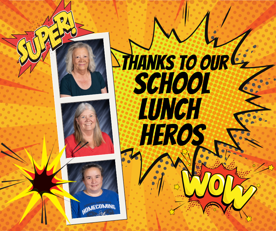 Orange Cartoon Thanks to our School Lunch Heros Robin Bakken, Carol Monson, & Jessie Denton