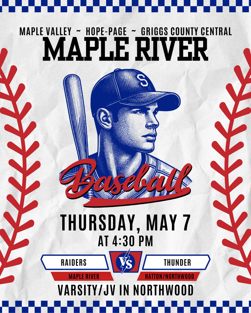 Vintage Red & Blue Baseball. Maple River Raiders vs Thunder today 5/7 at 4:30 in Northwood.