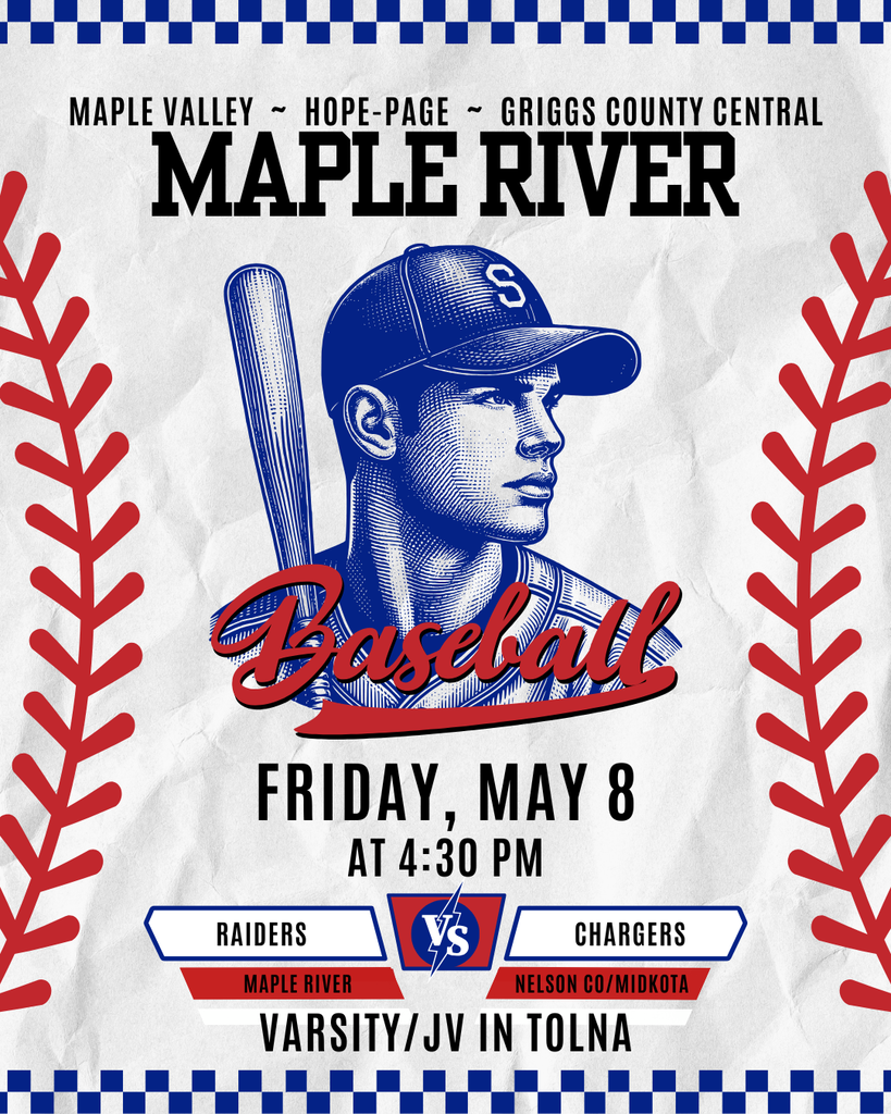 Vintage Red & Blue V/JV Baseball Maple River Raiders vs Chargers today 5/8 at 4:30 in Tolna.