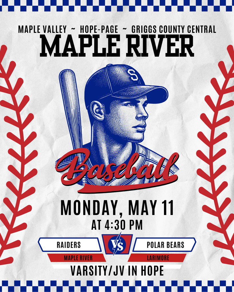Vintage Red & Blue Baseball. Maple River Raiders vs Larimore Polar Bears today 5/11 at 4:30 in Hope.