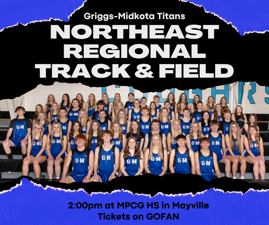 Northeast Regional Track & Field 2pm at MPCG HS. Tickets on GOFAN. Blue & Black w/ Pic of team.
