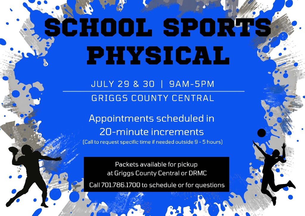 Contact DRMC at 701-786-1700 to schedule appointment for 7/29 or 7/30 9am-5pm