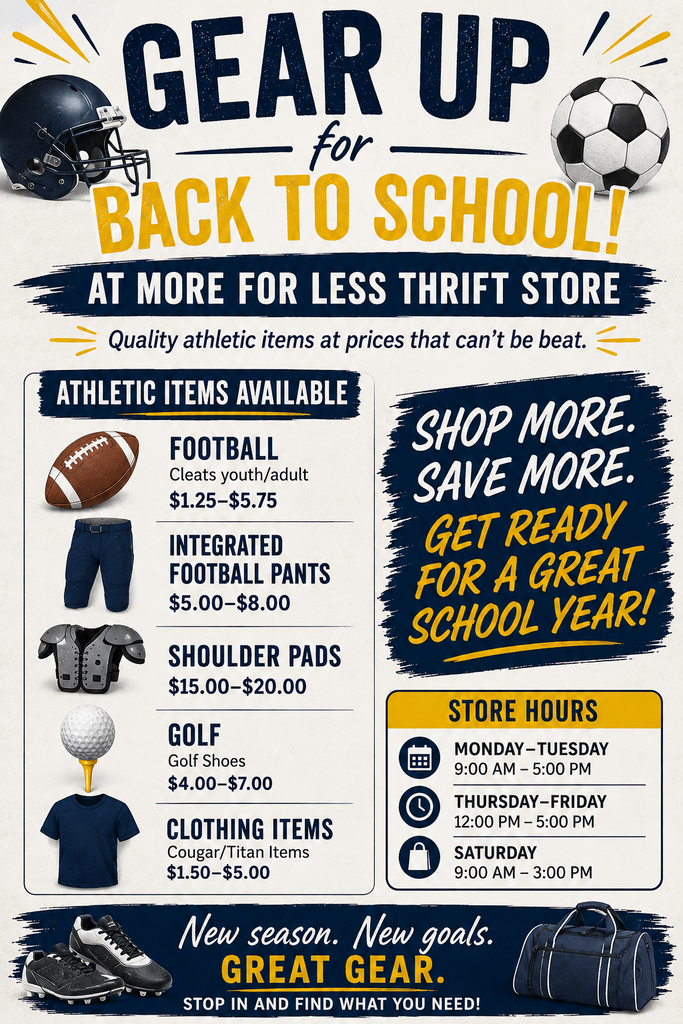 More For Less Thrift Store Flyer advertising Athletic Items for Sale.