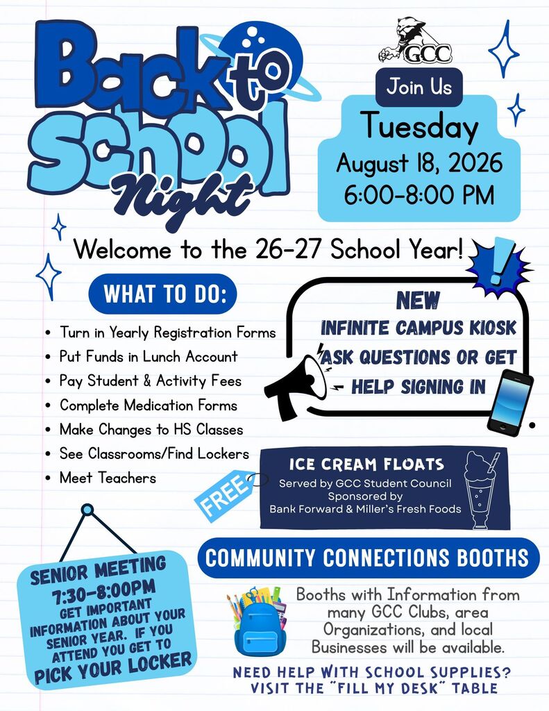 Back to School Night 8/18/26 6-8pm. Details in Message.