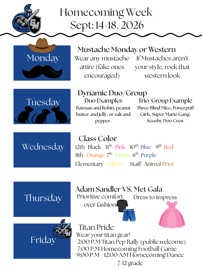 Homecoming Week Dress Up Days 9/14-9/18, 2026 (details in message)