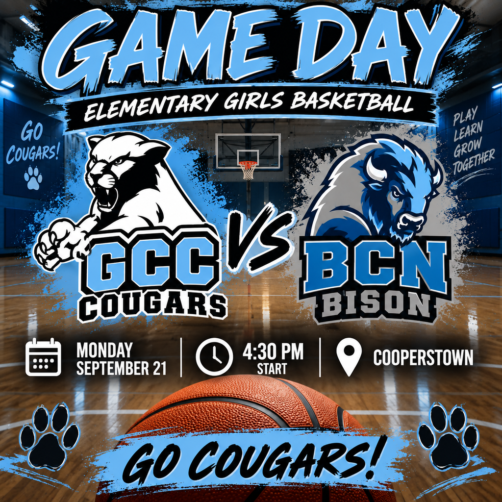 The graphic is a bold Elementary Girls Basketball Game Day poster set inside a basketball gym. At the top, large blue-and-white lettering reads “GAME DAY”, with “Elementary Girls Basketball” underneath. The center shows the GCC Cougars on the left using the black-and-white cougar logo you provided, facing the BCN Bison on the right in blue and gray. A large “VS” separates the teams. The game information reads Monday, September 21, 4:30 PM start, and Cooperstown. A large basketball appears near the bottom with a blue banner that says “GO COUGARS!” Black paw prints and blue, black, gray, and white accents complete the design.