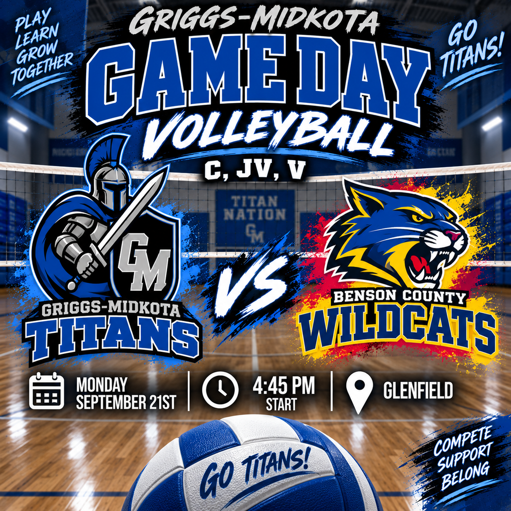 The graphic is a bold Griggs-Midkota Titans Volleyball Game Day poster set inside a volleyball gym. Across the top, large blue-and-white lettering reads “Griggs-Midkota – Game Day – Volleyball”, followed by “C, JV, V.” The center shows the Griggs-Midkota Titans on the left using the blue, black, silver, and white Titan logo you provided, facing the Benson County Wildcats on the right. The Wildcats are primarily blue with yellow and red accents. A large “VS” separates the teams. The game information at the bottom reads Monday, September 21st, 4:45 PM start, and Glenfield. A large blue-and-white volleyball appears in the foreground with “GO TITANS!” written across it. The background includes a volleyball net, gym floor, blue lighting, and paint-splatter effects for an energetic game-day look.
