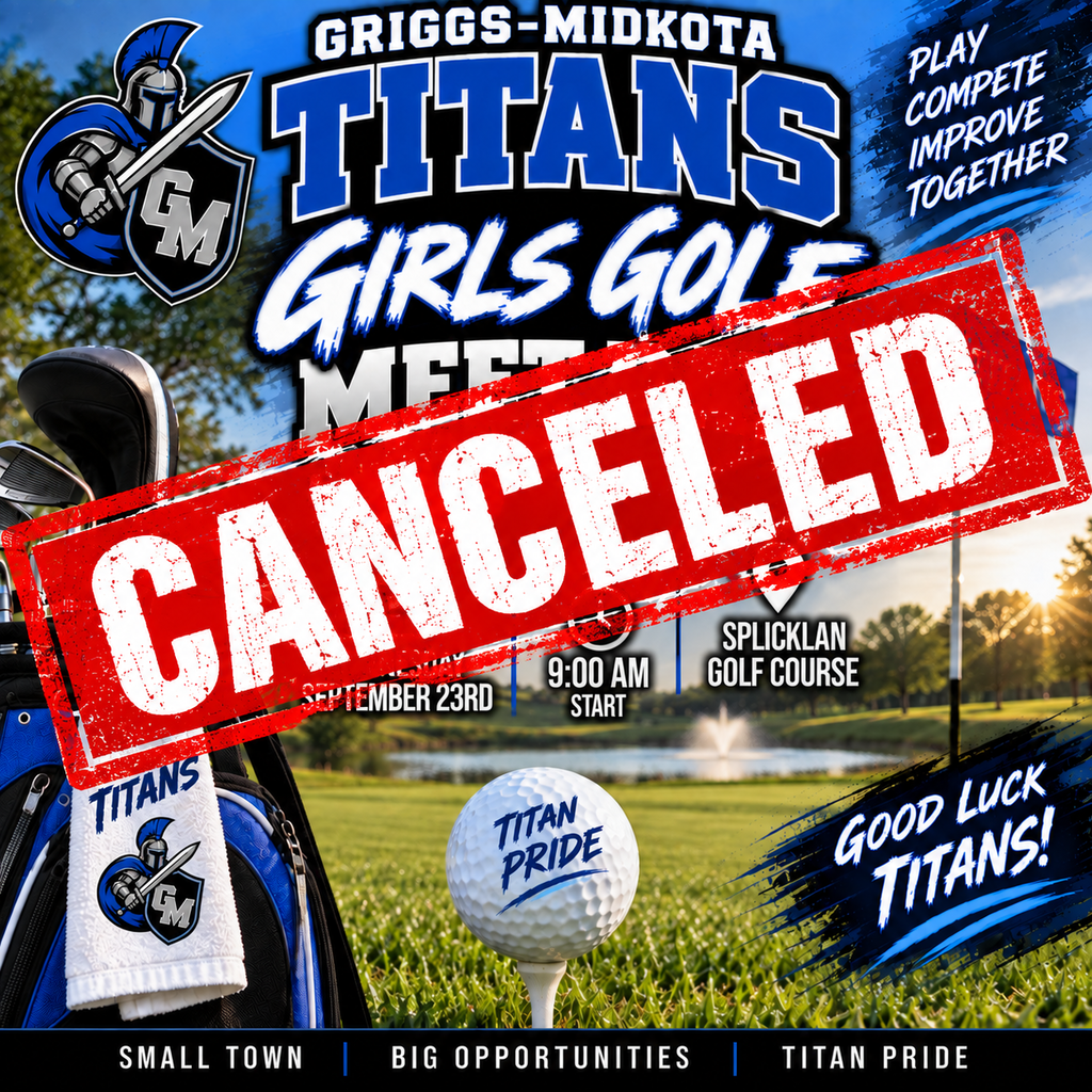 A large red-and-white “CANCELED” stamp runs diagonally across the center of the graphic, making the cancellation immediately noticeable. Behind it is the original blue, white, and black Titans golf design featuring a golf course, golf bag and clubs, golf ball, Titans flag, and Griggs-Midkota branding. The original event information shows Wednesday, September 23rd, a 9:00 AM start, and Splickan Golf Course. The bottom reads “Small Town | Big Opportunities | Titan Pride.”