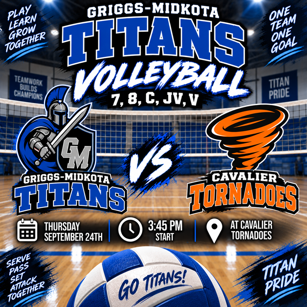 This is a Griggs-Midkota Titans Volleyball Game Day graphic. The design features a volleyball gym background with a net across the center and a blue, black, and white Titans theme. Large text at the top reads “GRIGGS-MIDKOTA TITANS VOLLEYBALL”, followed by “7, 8, C, JV, V.” The center shows the Griggs-Midkota Titans logo on the left facing the Cavalier Tornadoes orange-and-black logo on the right, with a large “VS” between them. Game information: Thursday, September 24th 3:45 PM start At Cavalier Griggs-Midkota Titans vs. Cavalier Tornadoes At the bottom is a large blue-and-white volleyball reading “GO TITANS!” The corners include motivational phrases such as “Play, Learn, Grow Together,” “One Team, One Goal,” “Serve, Pass, Set, Attack Together,” and “Titan Pride.” Overall, the graphic has an energetic, competitive game-day look with strong Titan blue branding.