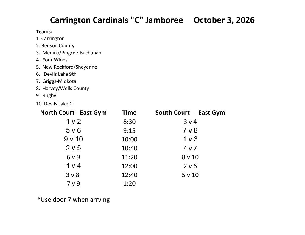 shows the schedule for the Carrington Cardinals “C” Jamboree on October 3, 2026. Ten teams are listed, including Griggs-Midkota as Team #7. Griggs-Midkota is scheduled to play Benson County (#8) at 9:15 AM on the South Court, Four Winds (#4) at 10:40 AM on the South Court, and Rugby (#9) at 1:20 PM on the North Court. The schedule also notes that teams should use Door 7 when arriving.