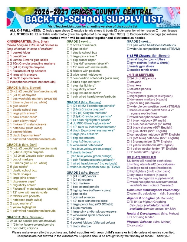 Image of GCC 26-27 Back-to-School Supply List