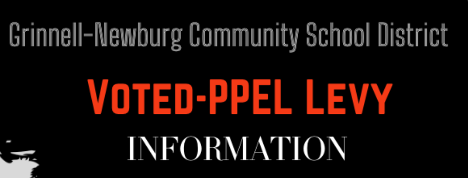Text on black background "Grinnell-Newburg Community School District Voted-PPEL Levy Information