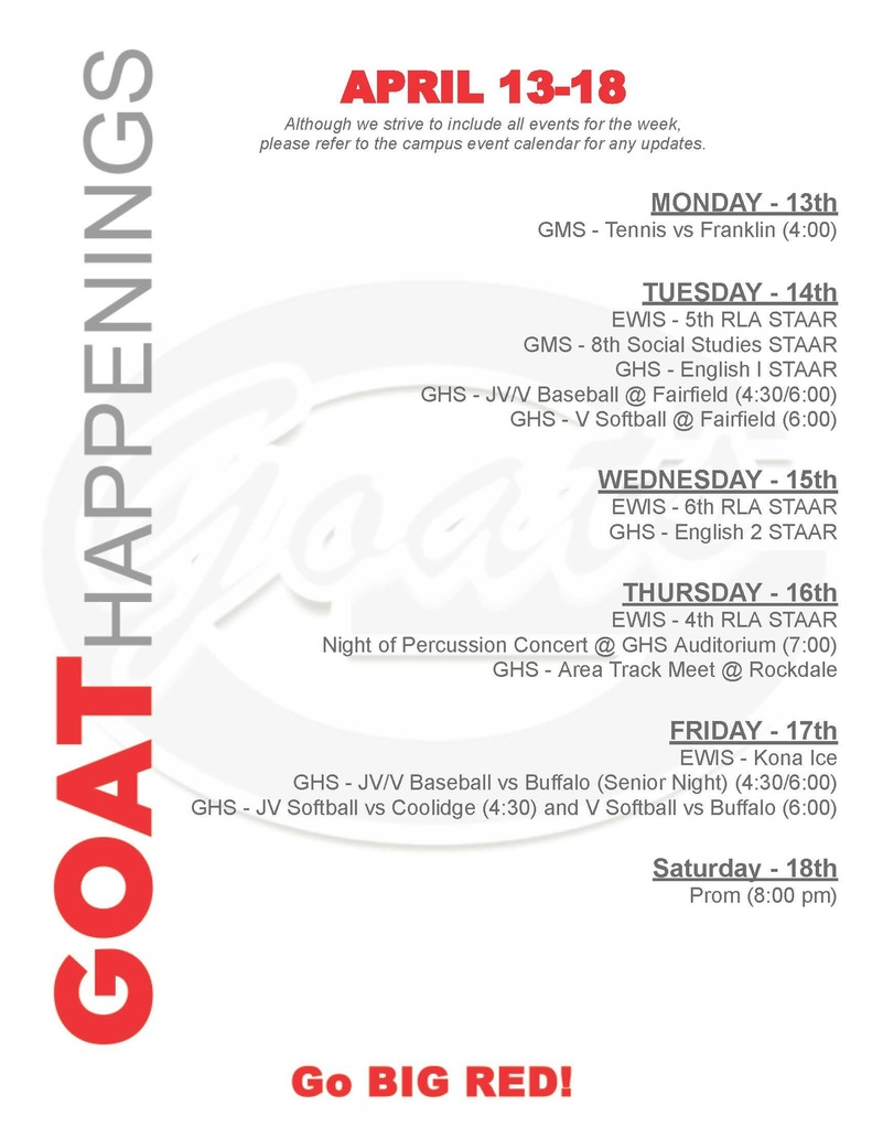 GOAT Happenings list of events