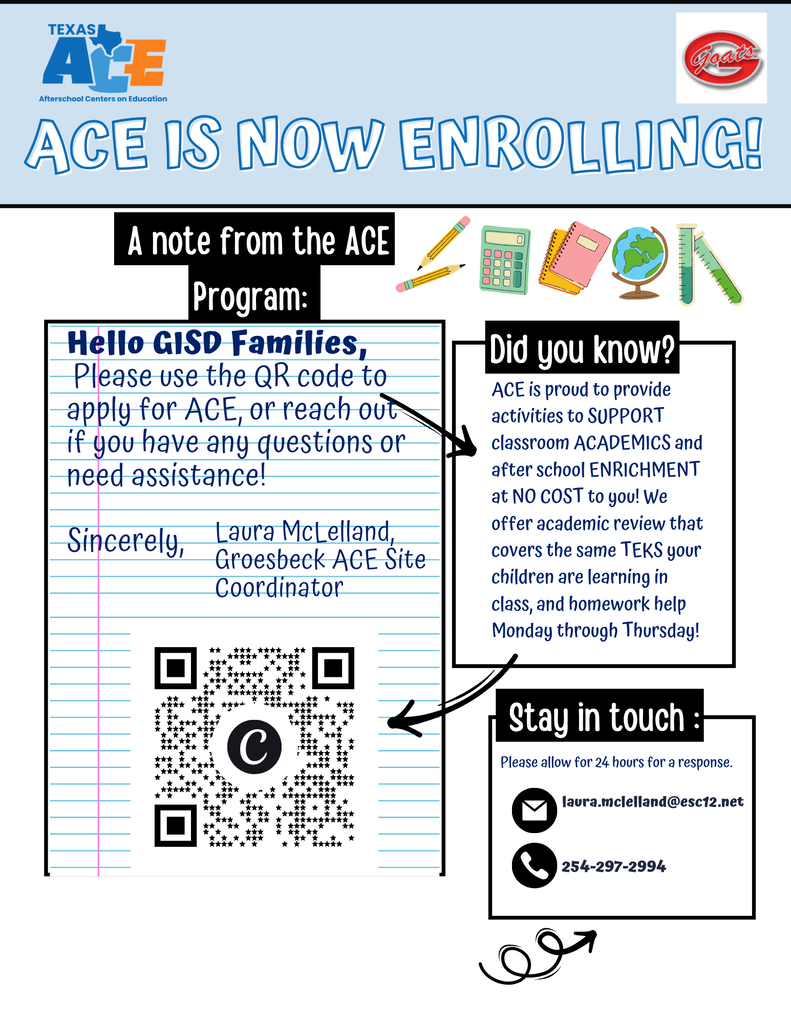 ACE Registration is now open! ACE offers no-cost afterschool academic assistance and enrichment for GISD students in PreK-6th Grade!