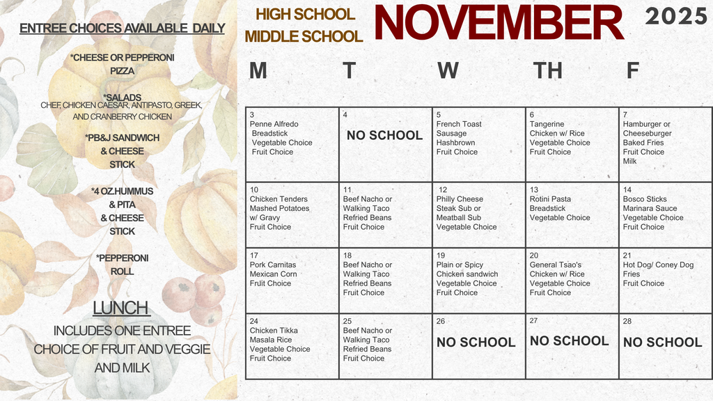 HS/MS November Lunch Menu