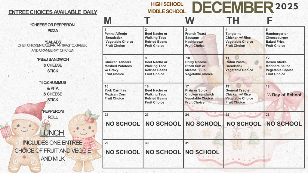 High School and Middle School December Lunch Menu