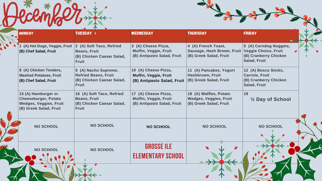 Grosse Ile Elementary December Lunch Menus