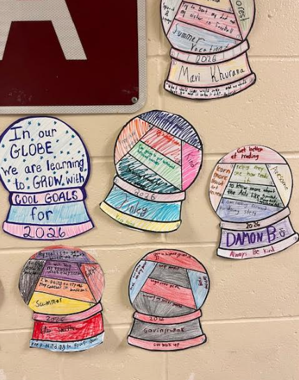 Paper snow globes created by students with inspiring messages