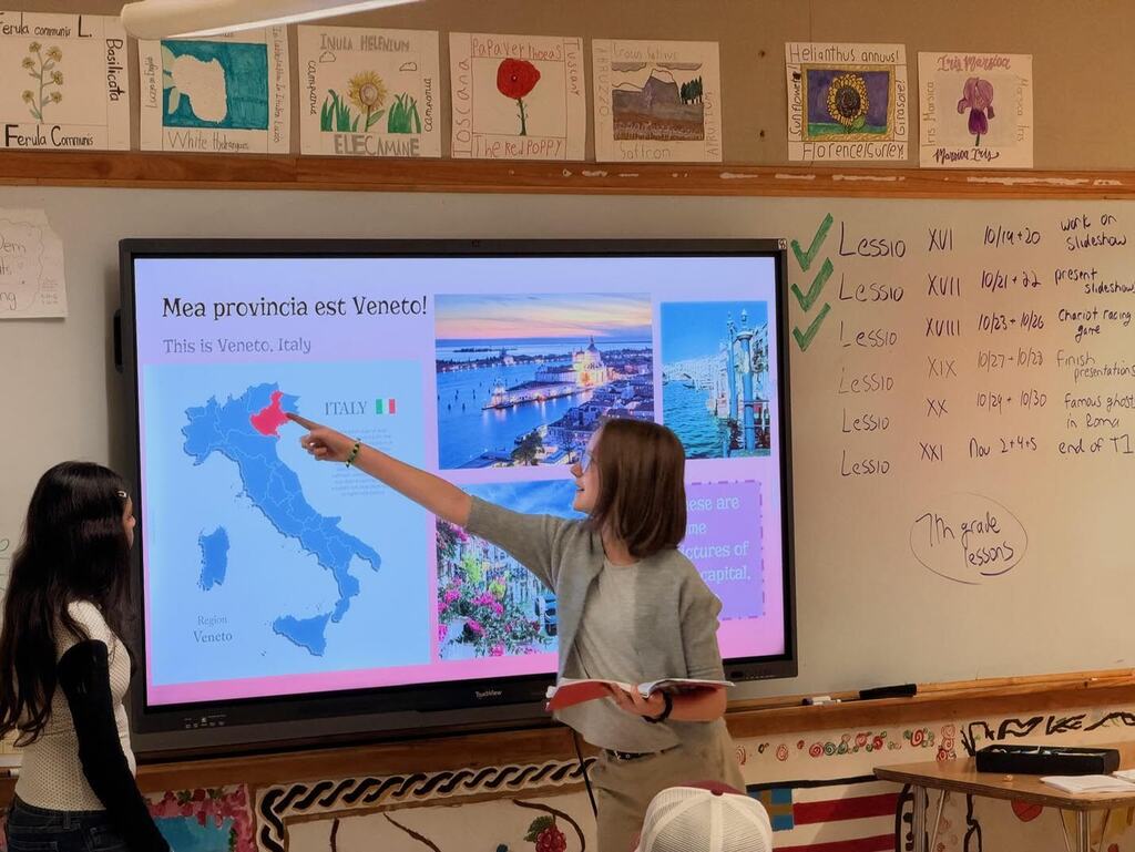 student points out a detail in latin class