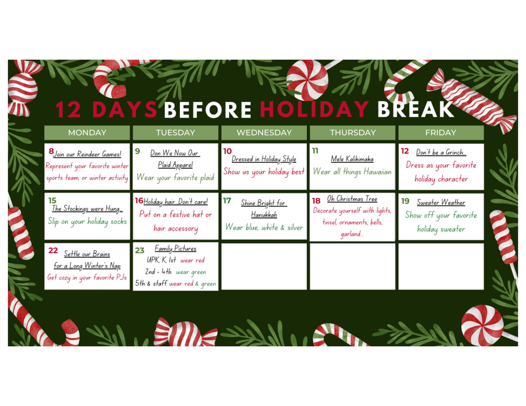 12 Days Before Holiday Break Calendar