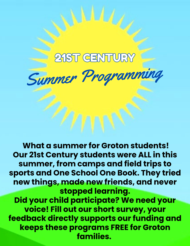 A promotional graphic features a vibrant sun on a light blue background above grassy green hills.