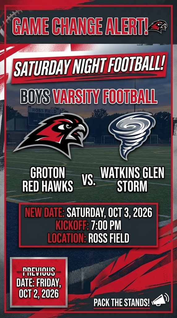 Bold red and white title text reading "GAME CHANGE ALERT!" with a small Red Hawk icon, followed by a prominent banner stating "SATURDAY NIGHT FOOTBALL!" and "BOYS VARSITY FOOTBALL".