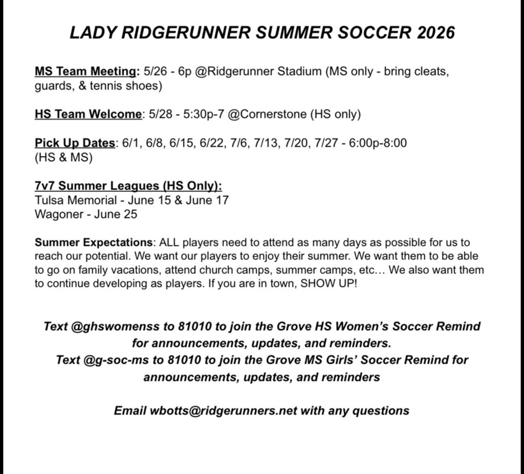 Girls' Soccer Summer Schedule