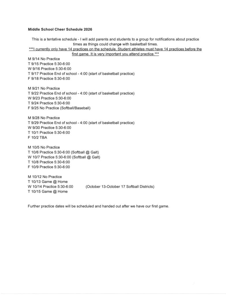 Jr. High Cheer Practice Schedule