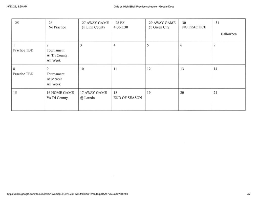 Jr. High Girls Basketball practice schedule