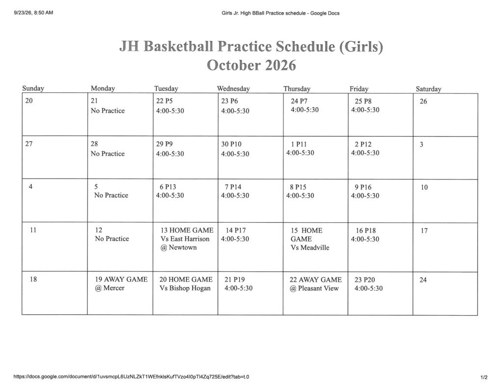 Jr. High Girls Basketball Practice Schedule