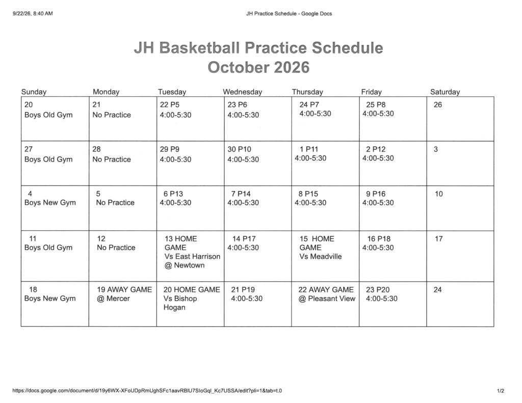 Jr. High Girls Basketball Practice Schedule