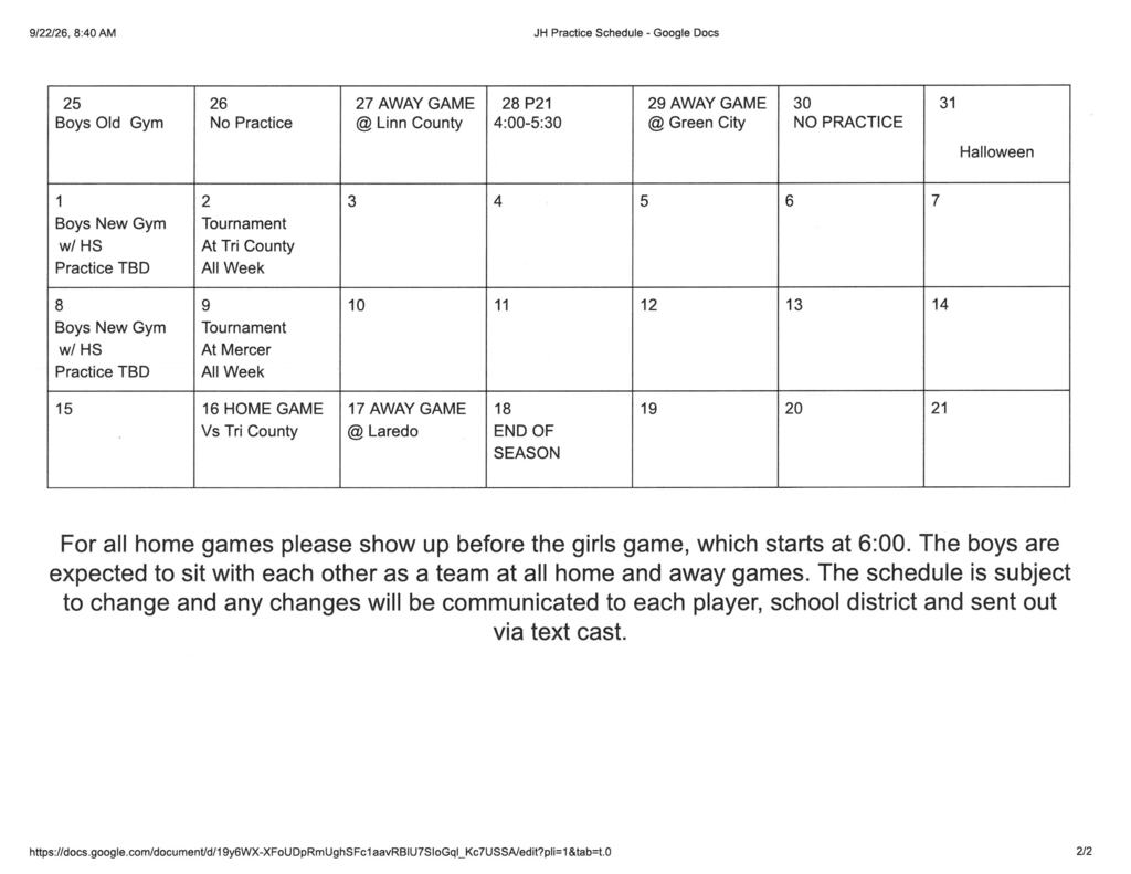 Jr. High Girls Basketball practice schedule