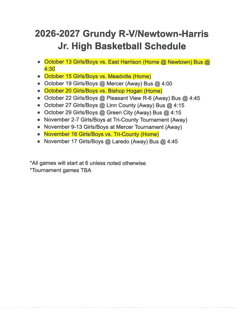 Jr. High Girls & Boys Basketball Schedule
