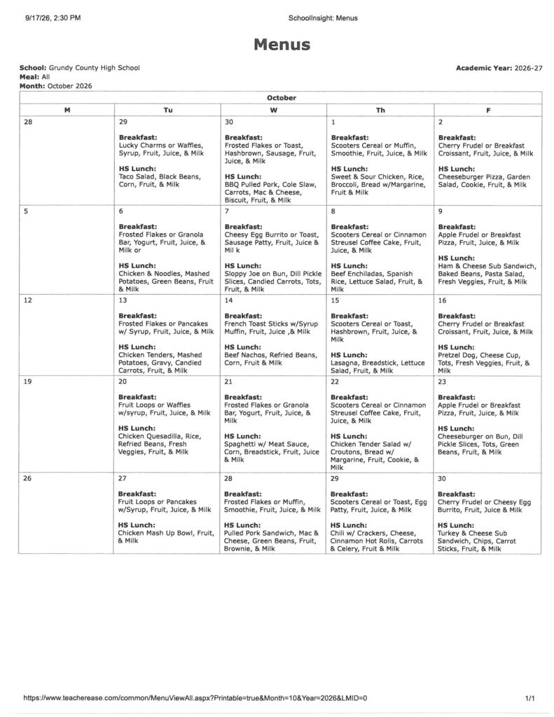 October High School Menu