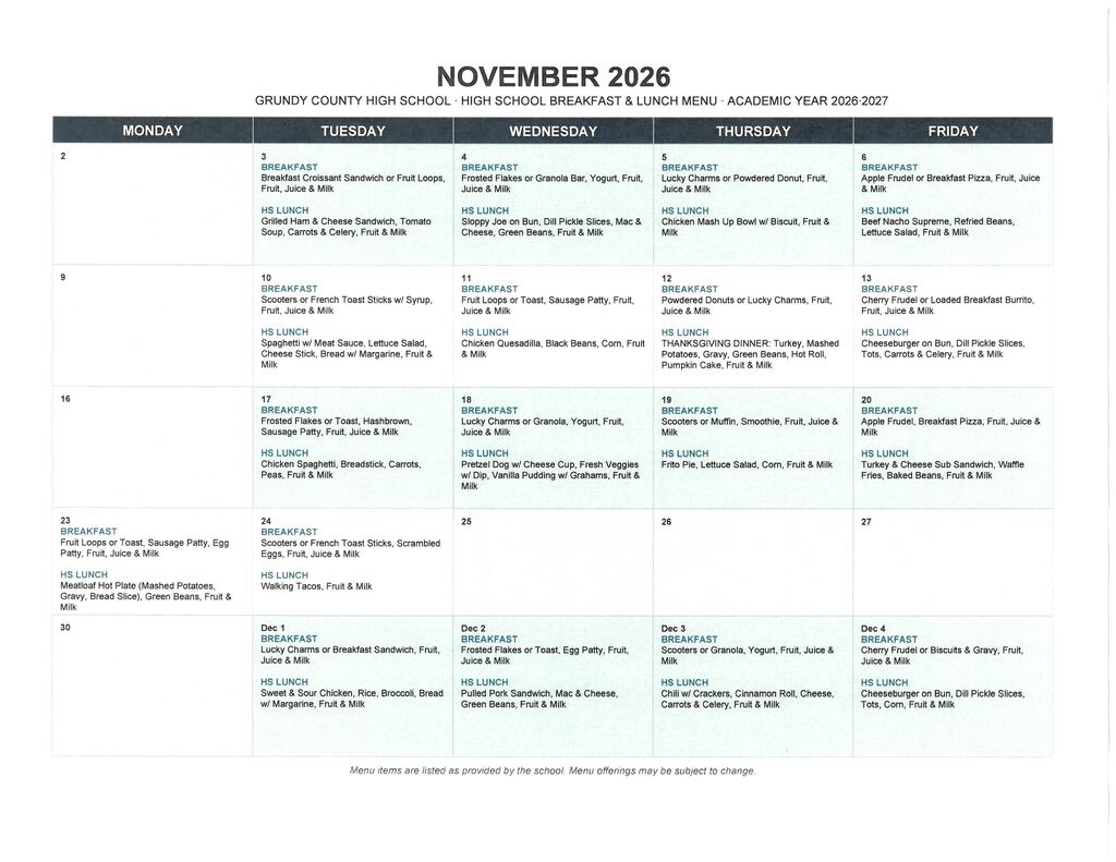 High School November Menu