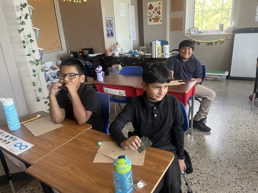 Students trying out sea weed and chestnuts. 